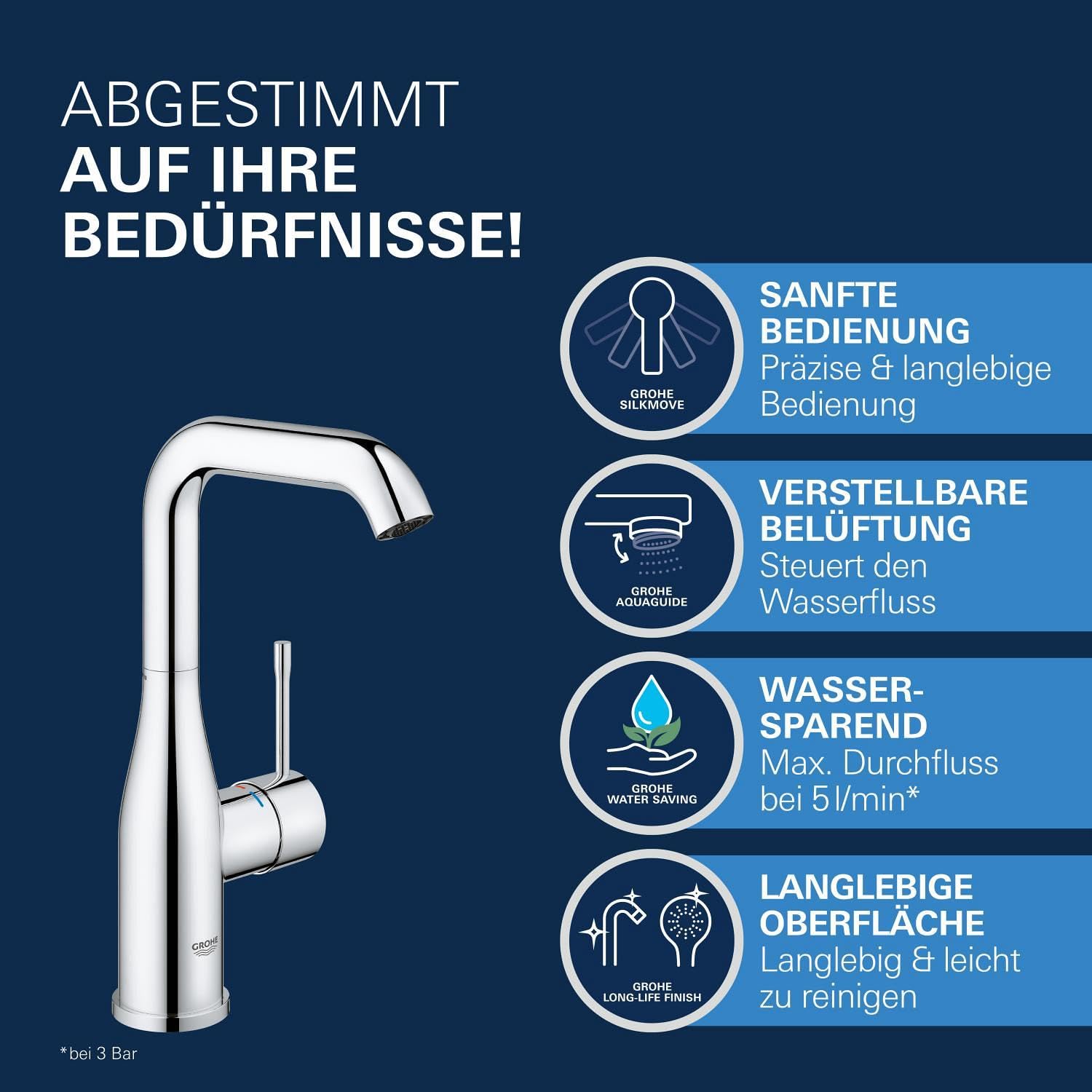 GROHE Essence, Waschtischarmatur, wassersparend (Wasserhahn für das Bad, 24cm hoch, Badarmatur mit Pop-Up Ablauf, schwenkbar, einfache Installation am Waschbecken), chrom, 23799001