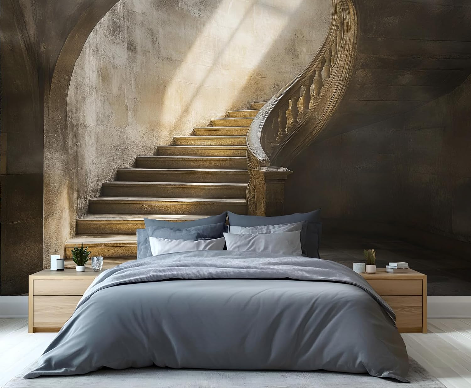 Vintage Courtyard Wallpaper Mural, Sunshine Removable Wallpaper, Stairs Modern Wall Decor for Renter Bedroom and Living Room 103" x 69 "(Not Peel and Stick)