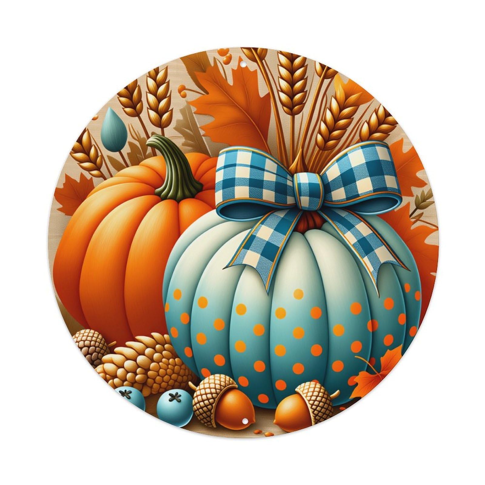 Wmlzdnwr Vintage Pumpkin Autumn Leaves Wheat Acorns Bow Pattern Round Tin Sign,Retro Wall Art,Metal Poster For Home, Bar, Garage, Cafe, Rustic Indoor & Outdoor Decor, 8X8 Inches