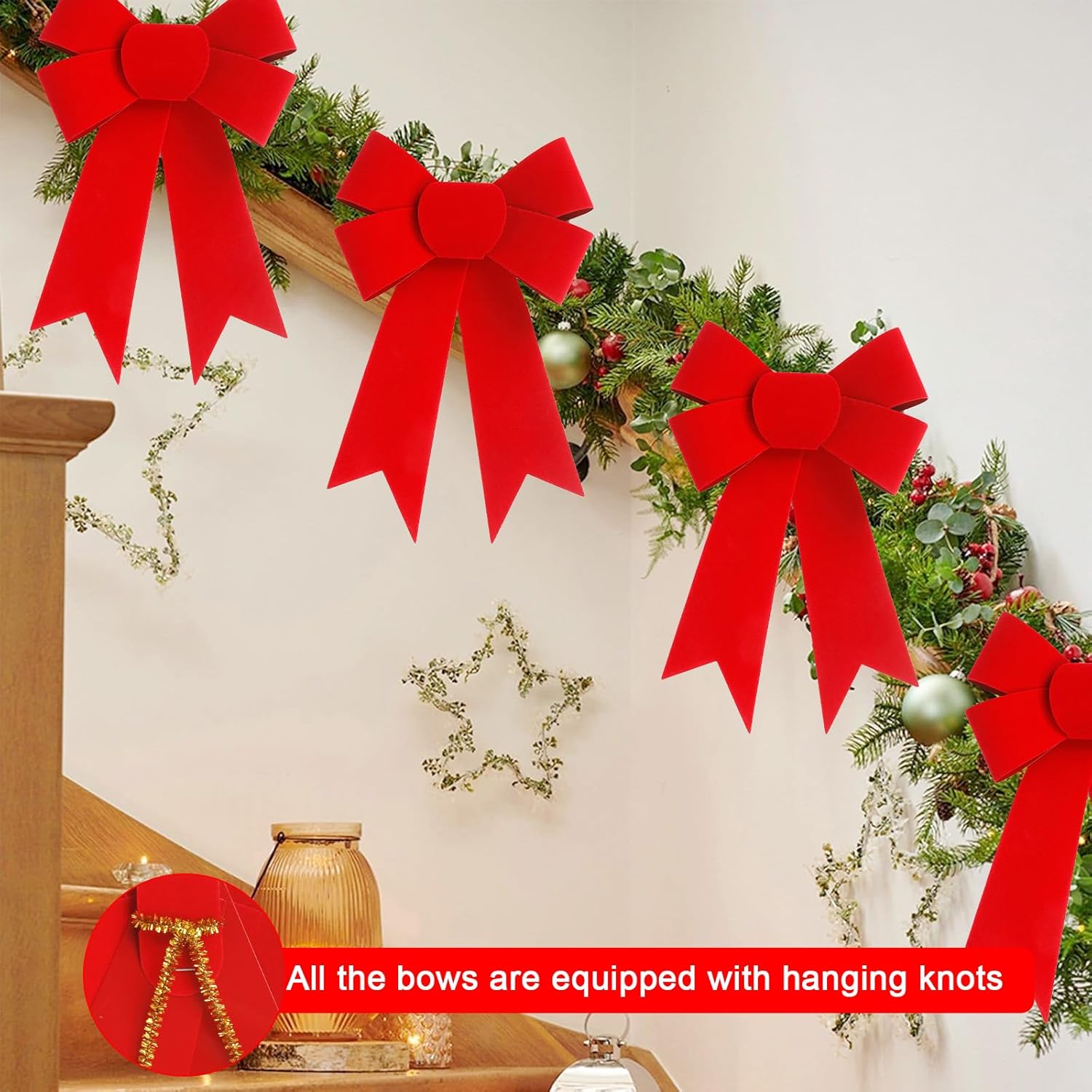 24 PCS 5x8 Inches Christmas red Velvet Bow - Red Velvet & PVC Hanging Decorations for Xmas Tree, Wreath, Railing, Fences,Indoor Outdoor Holiday Party Supplies (Red 1, 24 PCS)