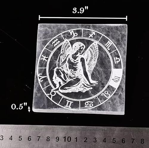 Miniatura 10 de AMOYSTONE Placa de carga de cristal de selenita para piedra de cristal curativo, piezas de selenita, losa cuadrada grabada Sagitario de 4 pulgadas