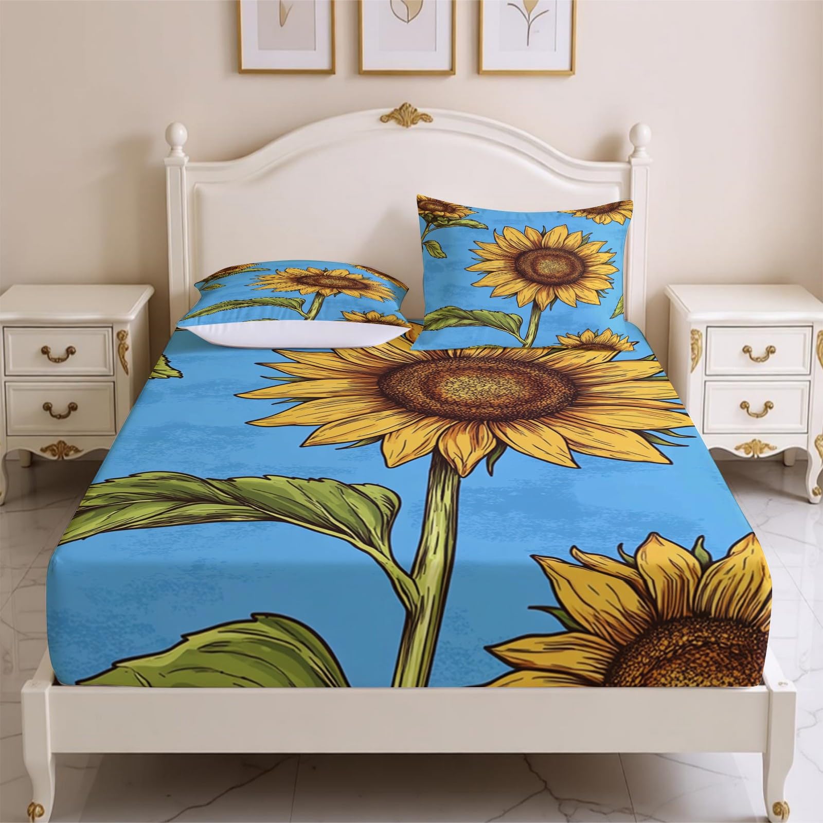 Lenzuolo con Angoli 180 x 200 cm Microfibra Girasoli dipinti a mano Lenzuolo Sotto Elasticizzato Profondo 25 cm giallo per Singolo e Matrimoniale