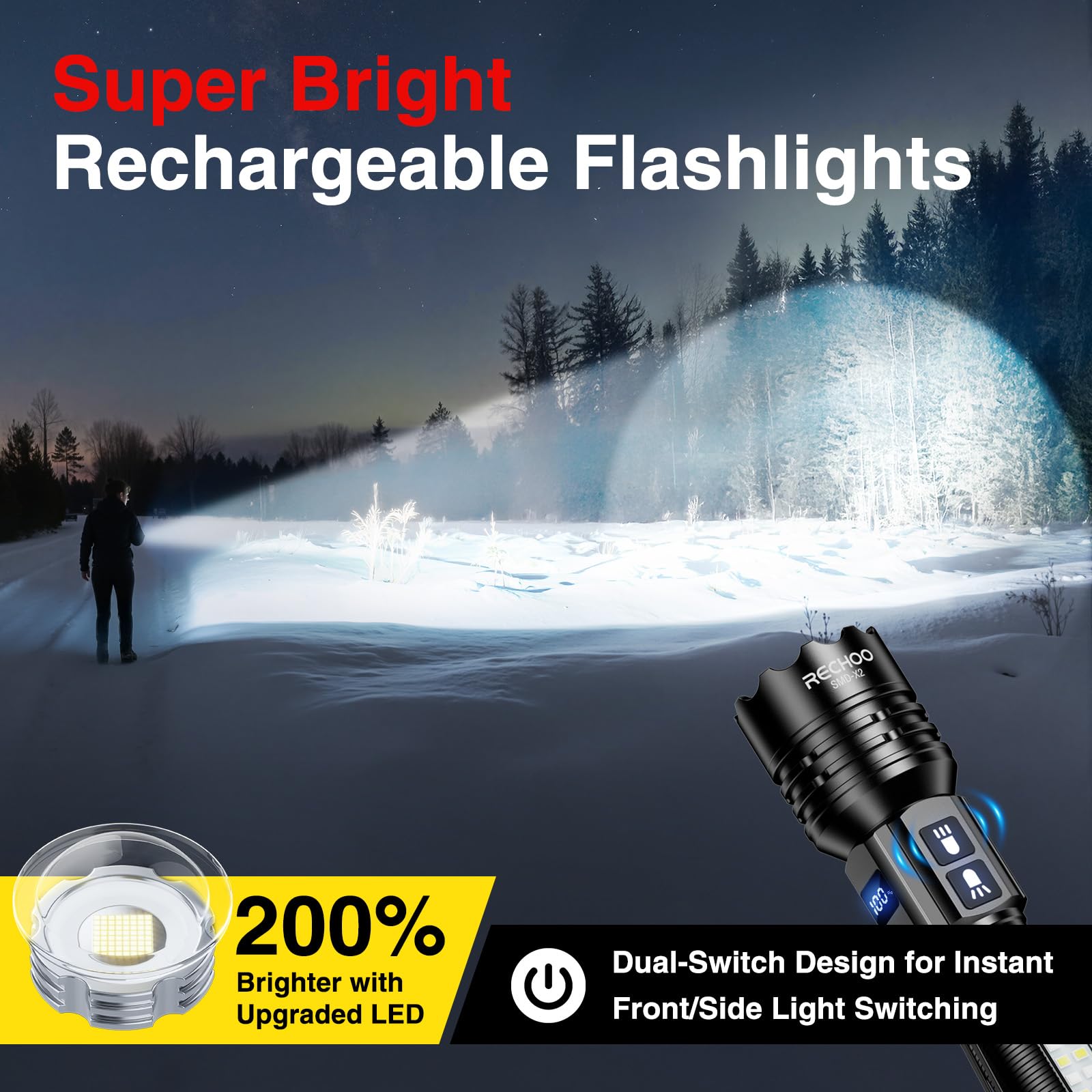 RECHOO Torce ricaricabili ad alta luminosità confezione da 2, 7 modalità torce ricaricabili con display digitale LCD