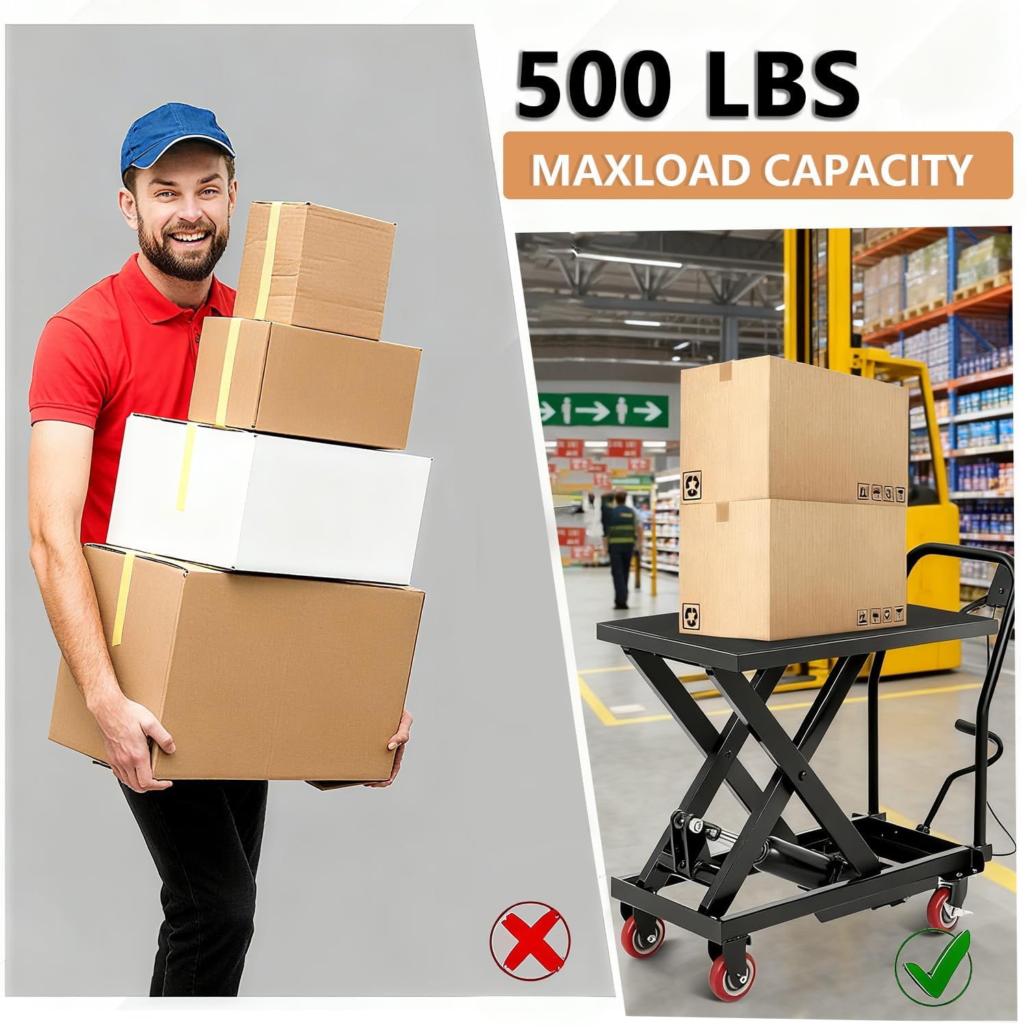 Carro elevador de 230 kg de carga, mesa elevadora hidráulica de 28 – 72 cm, plataforma elevadora con 4 ruedas y plataforma de goma de 71 x 46 cm, elevador de tijera para fábricas, almacenes