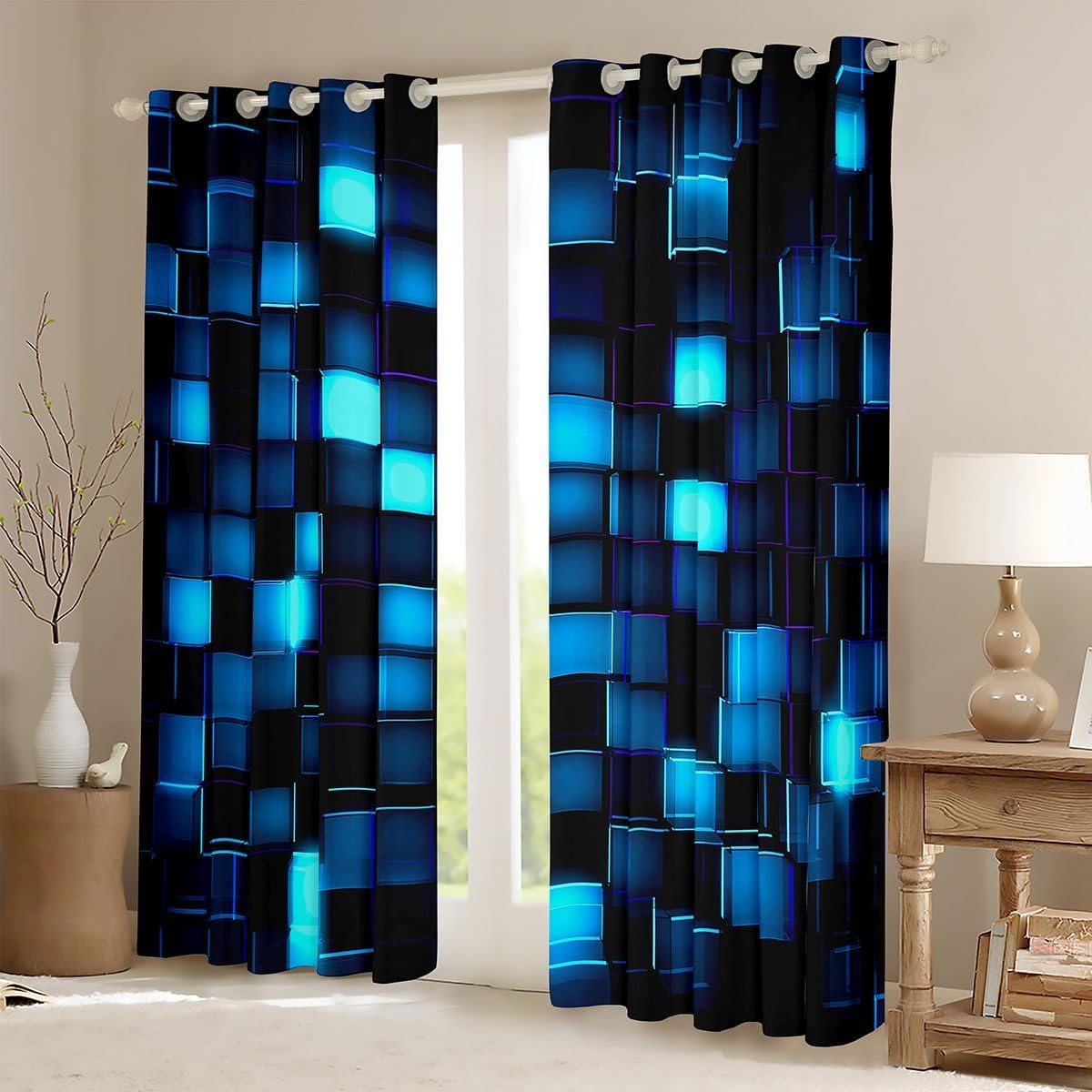 Castle Fairy Neon Blue Grid Window Curtain | Video Games Blackout Curtain for Girls Bedroom Decor,Geometric Pixelated Block Curtains 3D Block Theme Living Room Top 2 Panels,42Wx84L image 3