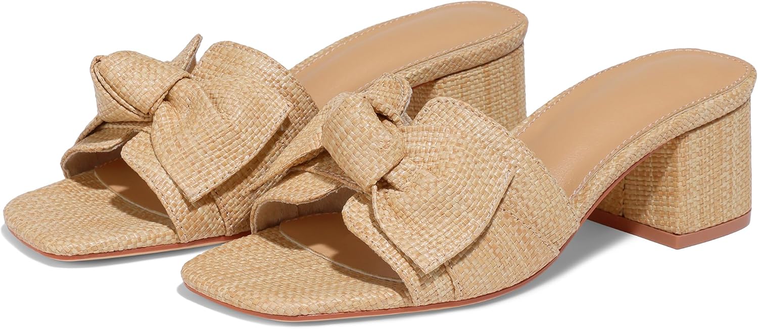 Erocalli Heeled Sandals for Women Raffia Sandals Chunky Block Heels Square Toe Summer Mules Slip On Dressy Sandal Low Short Heels With Bow - Image 6
