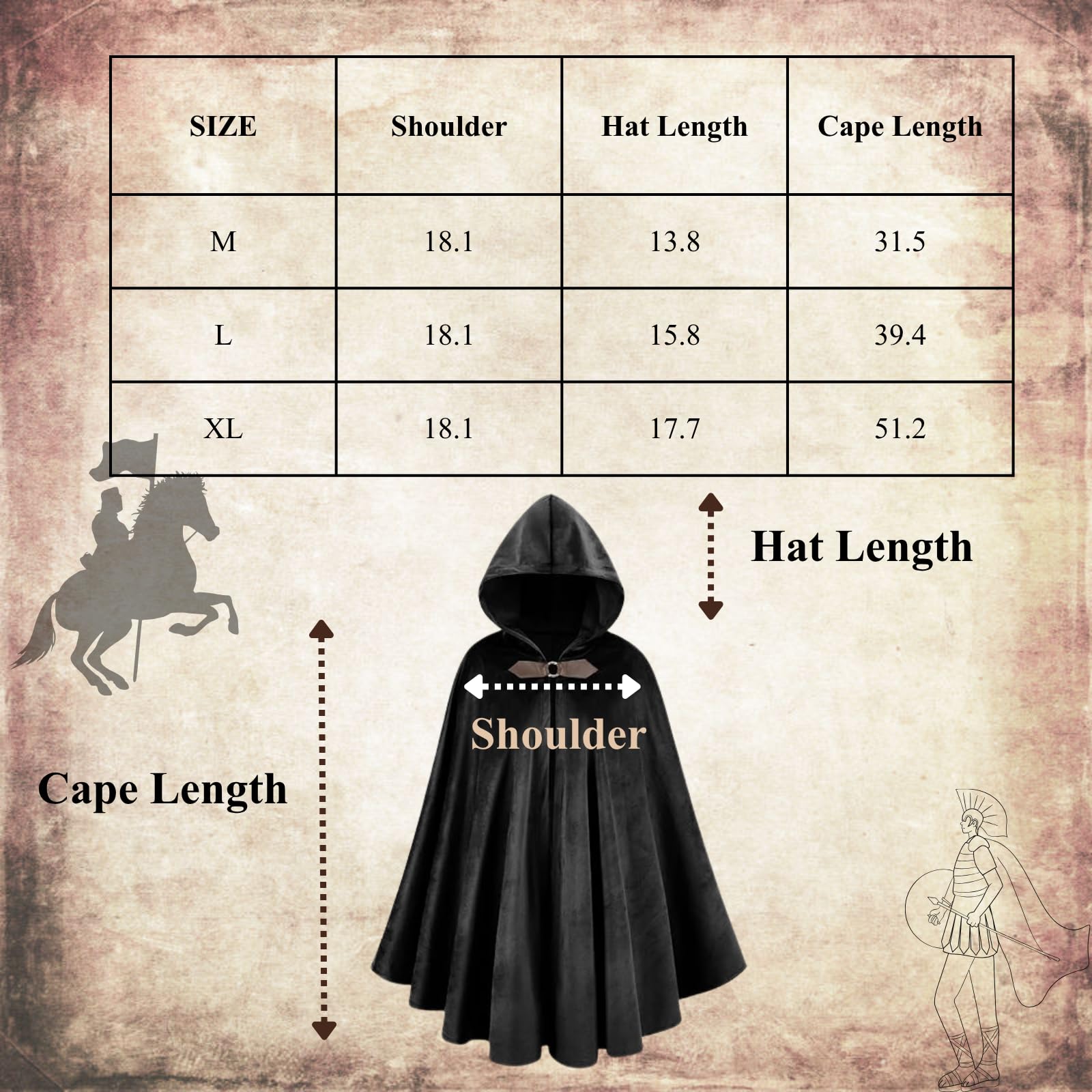 RRCBMD Mens Renaissance Medieval Hooded Cloak Victorian Steampunk Costume Cosplay Black-100CM, Black 1, 100 cm - Image 3