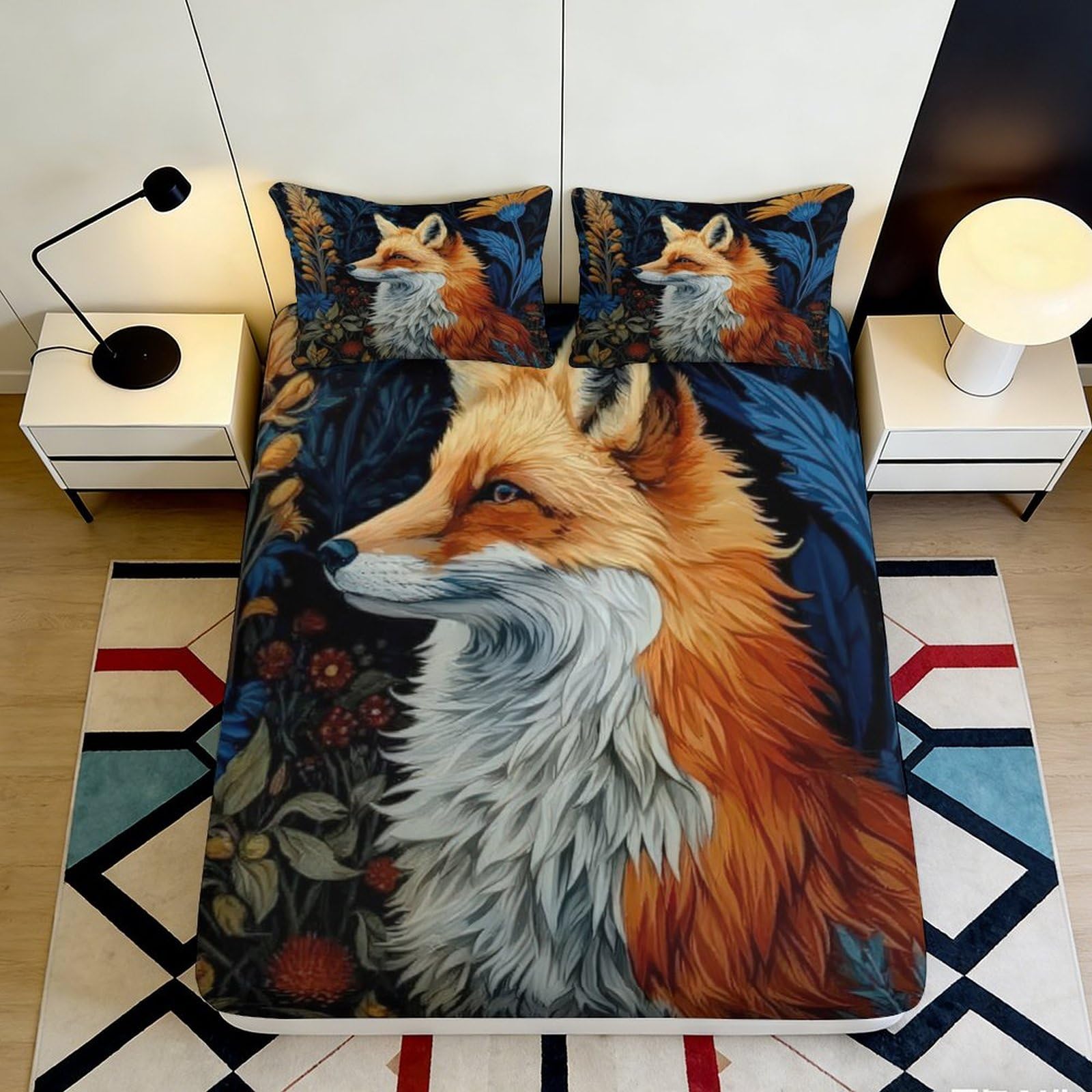3D Printed Fox Forest Fitted Sheet Microfiber Soft Orange Animal Art Bed Cover for Bedroom Guest Room Dorm Mattress Protection Decor 160x200x25cm