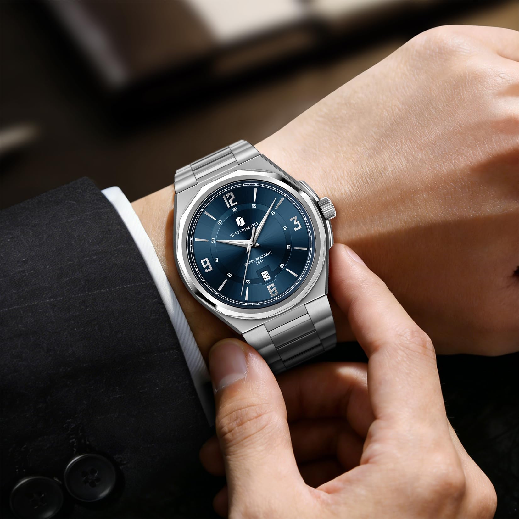 SAPPHERO Reloj analógico de cuarzo para hombre, esfera con fecha y números arábigos, resistente al agua 50 m, luminoso, estilo deportivo y corporativo, correa acero inoxidable y cuero, regalo elegante