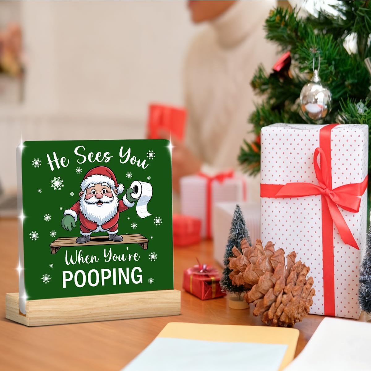 HTBIG Christmas Decor He Sees You When You're Pooping 4 X 4 Acrylic Bathroom Sign For Friends Besties Colleagues Gifts, Home Bathroom Desk Shelf Cubicle Clear Sign Decor image 5