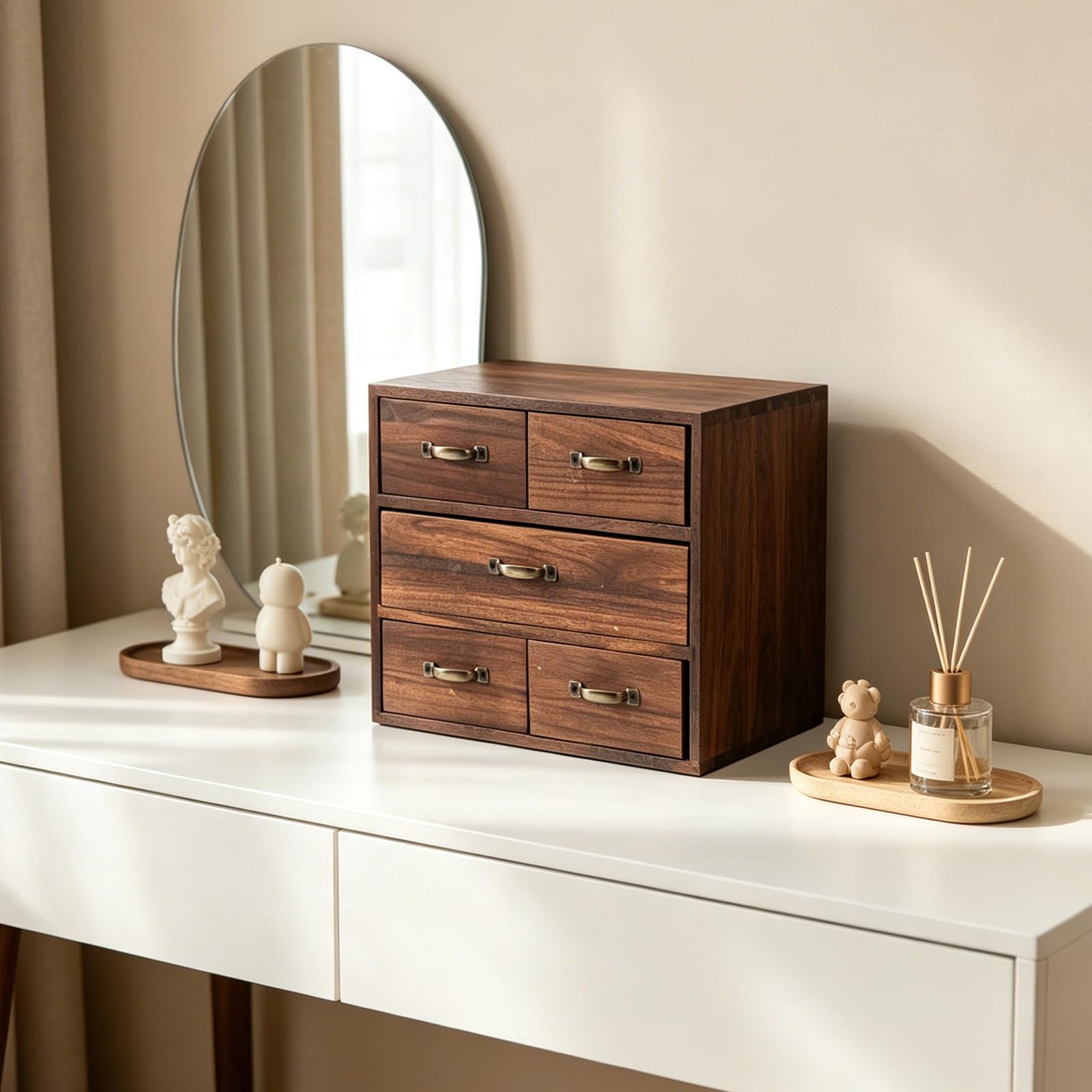 Organizer da Scrivania in Legno con 5 Cassetti Multilivello, Struttura Stabile e Design Naturale per Vanità e Camera