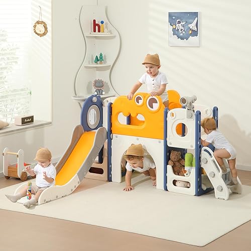 Miniatura 7 de Tobogán para niños pequeños, 9 en 1 plegable para interiores de 1 a 3 años, tobogán extra largo con aro de baloncesto para interiores y exteriores,