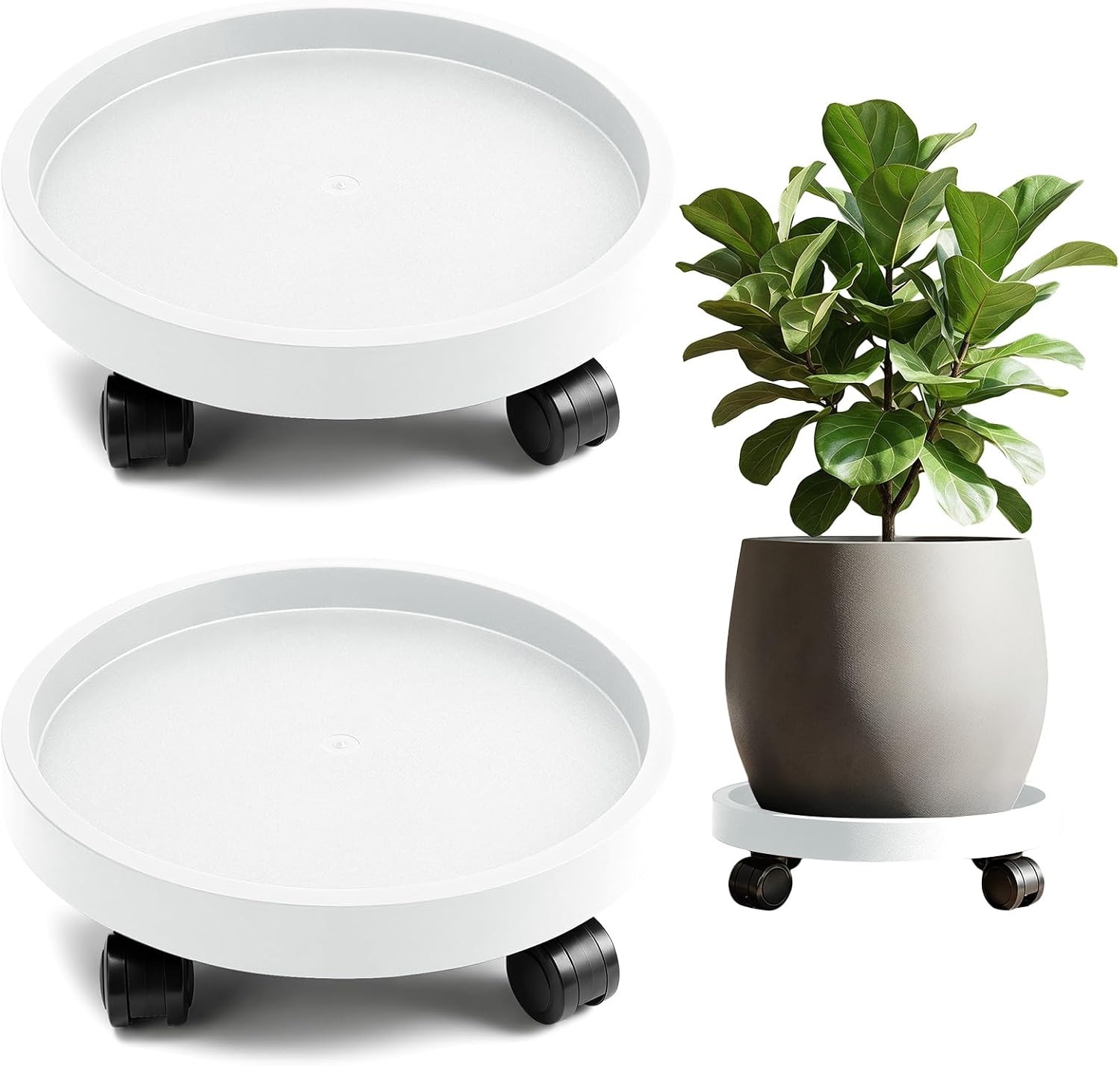 2 Pack Plant Caddy with Wheels,12.6 inch Rolling Plant Stands Round Plant Stand Dolly for Outdoor Indoor Heavy Planter, Load Capacity 180 lbs (White)