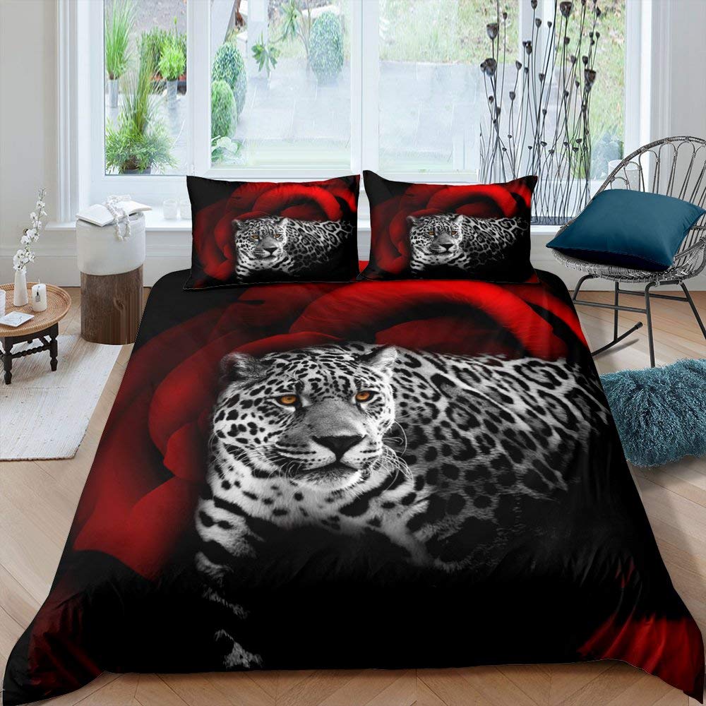 Adults Leopard Bedding Set King Red Rose Floral Duvet Cover Set Couple Wedding Valentine's Day Comforter Cover (No Stuffing) Black White Cheetah Bed Set Wild Animal Bedroom Decor Zipper 3 Pcs