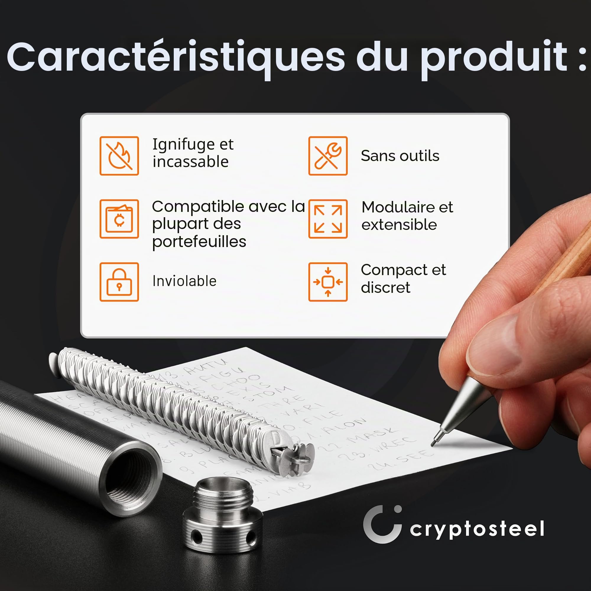 Cryptosteel Seed24 Solo - Seed phrase storage - Sauvegarde de phrase de récupération crypto - 24 mots et clés privées - Compatible portefeuilles BIP39