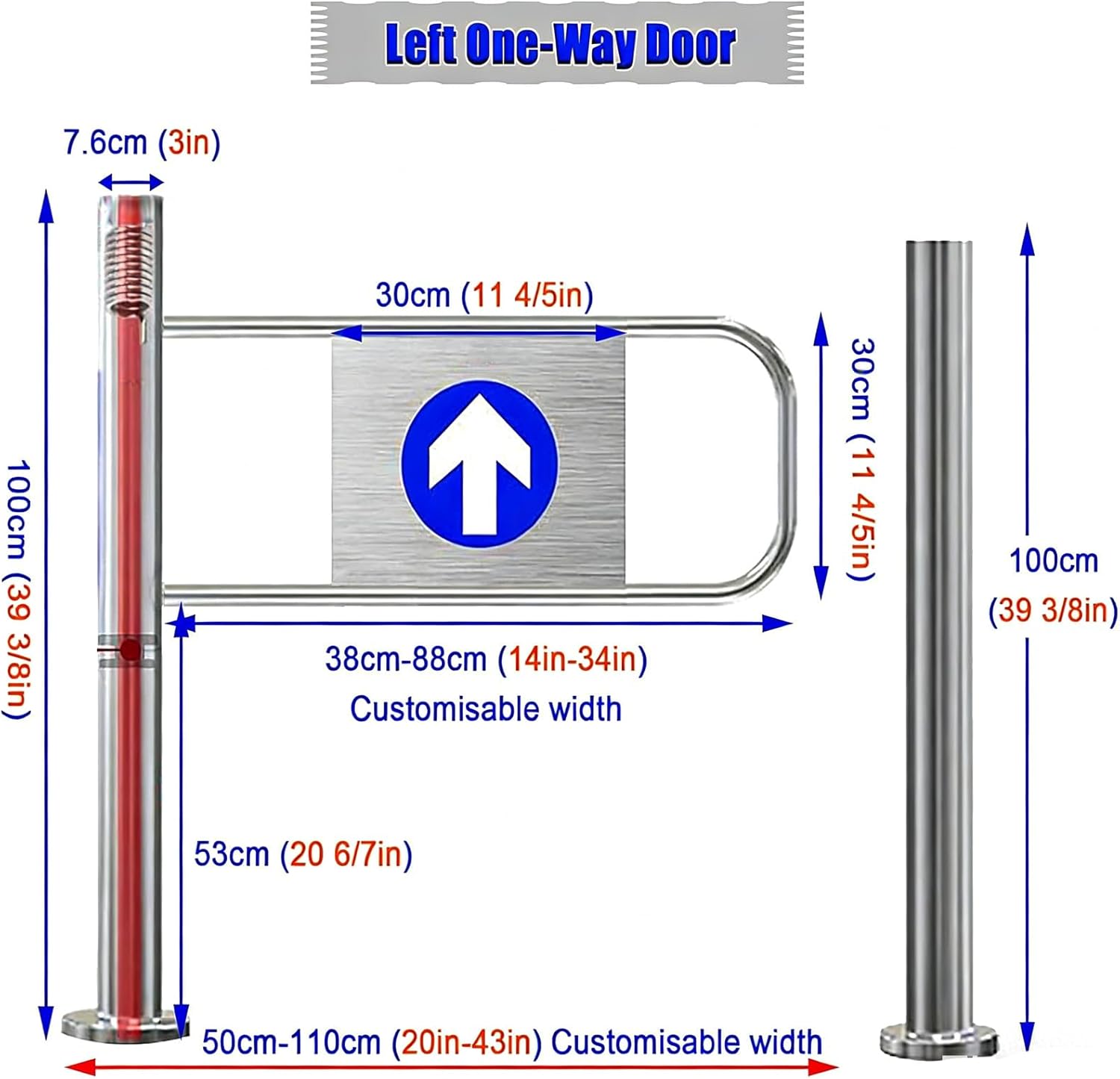 Spring-Loaded Safety Swing Gate, Self-Closing Industrial Fence with Post Mount, 90° Opening Metal Barricade, One-Way Door for Factory, Supermarket Aisles(70x100cm (28x39in), Silver-r)