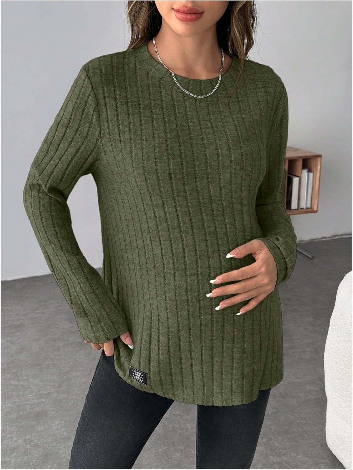 Women's Maternity Clothes Ribbed Knit T Shirts Long Sleeve Crew Neck T-Shirts - Image 3