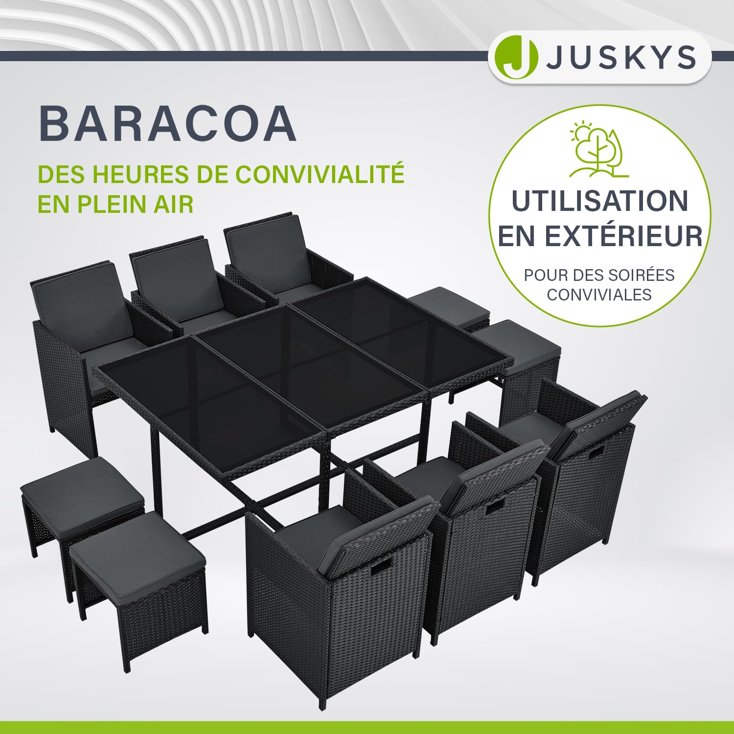 Juskys Groupe de sièges en polyrotin Baracoa XL 11 pièces résistant aux intempéries et empilable - Ensemble de mobilier de Jardin avec 6 chaises, 4 tabourets et Table - Noir, 10 Personnes