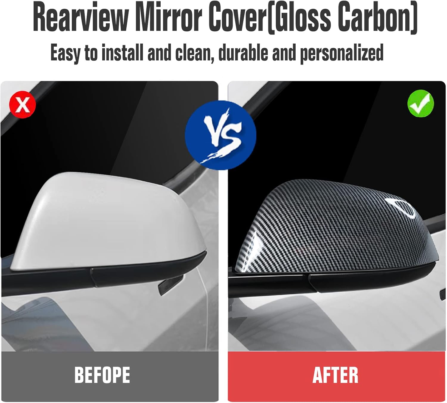 Model 3 Side Mirror Cover, Mirror Cap 2 PCS Gloss Carbon Fiber Rearview Mirro Cover for Model 3 (2019-2025)