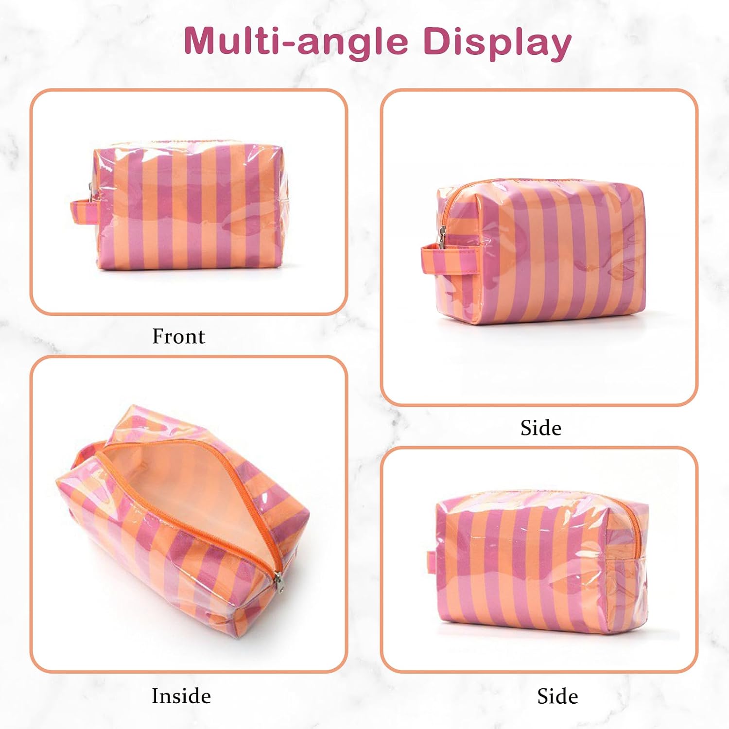 PVC Striped Makeup Bag,Easy to Clean,Waterproof Clear Coated Cosmetic Bag,Cute Travel Organizer Zipper Pouch for Beach Vacation Essentials(02Green Pink)