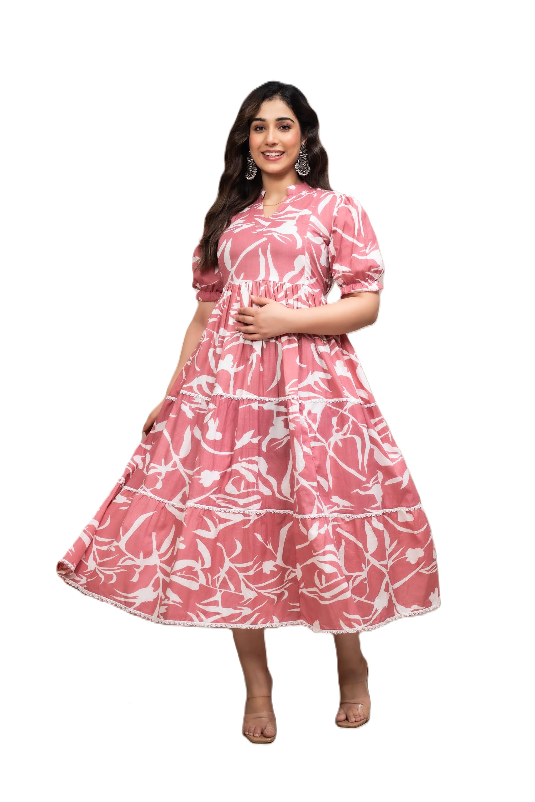 Biffy White Peach Women's Rayon Floral Anarkali Maternity Dress Lace Trim Work-picture-21