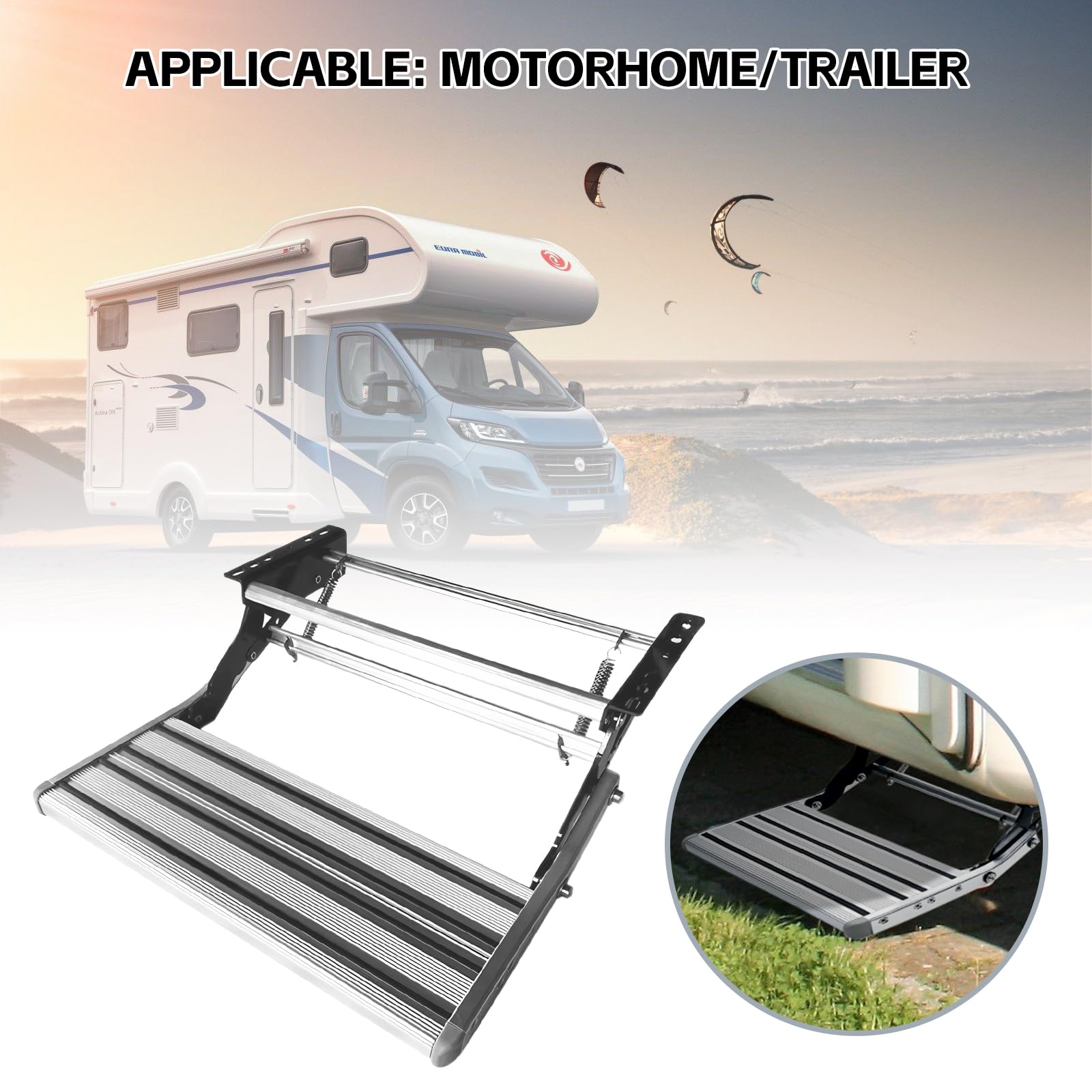 JAOGAUS Scaletta Manuale per Camper, Scaletta Pieghevole 2 Piani, Antiscivolo, Lega di Alluminio & Acciaio al Carbonio, Alta capacità di Carico, Passo Manuale per Camper, Caravan e Furgoni