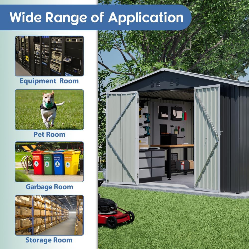 10x10 Ft Heavy-Duty All-Weather Metal Storage Shed with Lockable Doors, Outdoor Utility Garden Shed for Backyard Tools and Equipment, Black