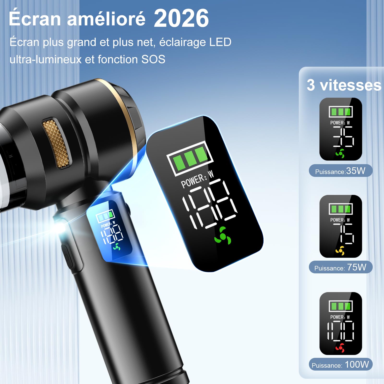 Aspirateur à Main, Aspirateur à main sans fil 4 en 1, 32000 Pa puissant aspirateur de voiture, avec écran LCD, moteur sans balais et 3 vitesses 300 000 tr/min pour voiture, bureau et poils d'animaux