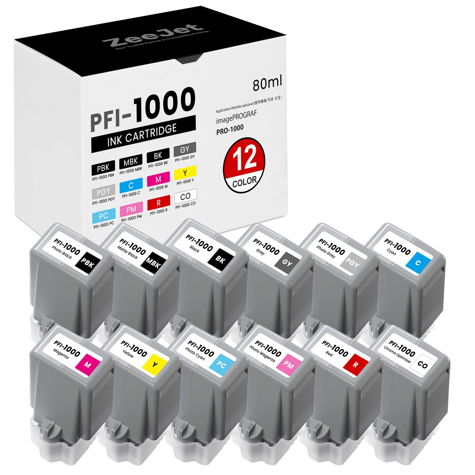 Zeejet Pro-1000 PFI-1000 Ink 12-Color Set Replacement for Canon PFI-1000 Ink Cartridges for imagePROGRAF Pro-1000 Printer, 80 ml 12-Pack PFI1000 Ink