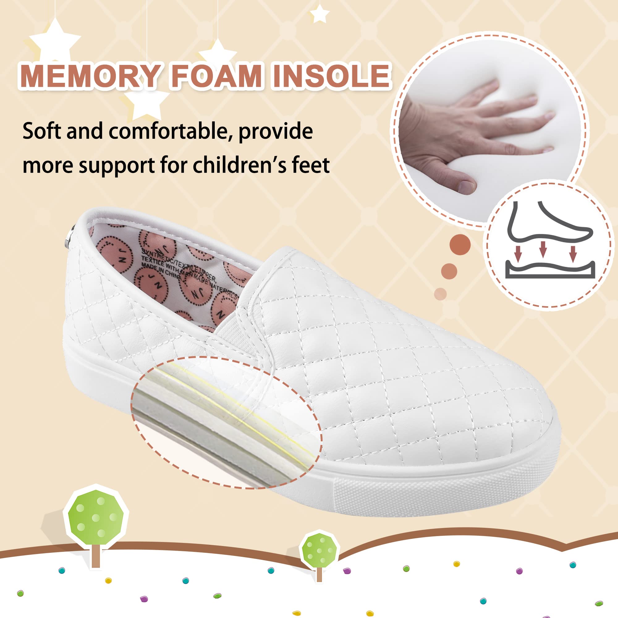 Tuboom Sneakers for Girls Slip On Shoes Little/Big Kid Comfort Low Top Fashion Tennis/Walking Casual Sneakers for Kids White Size 2