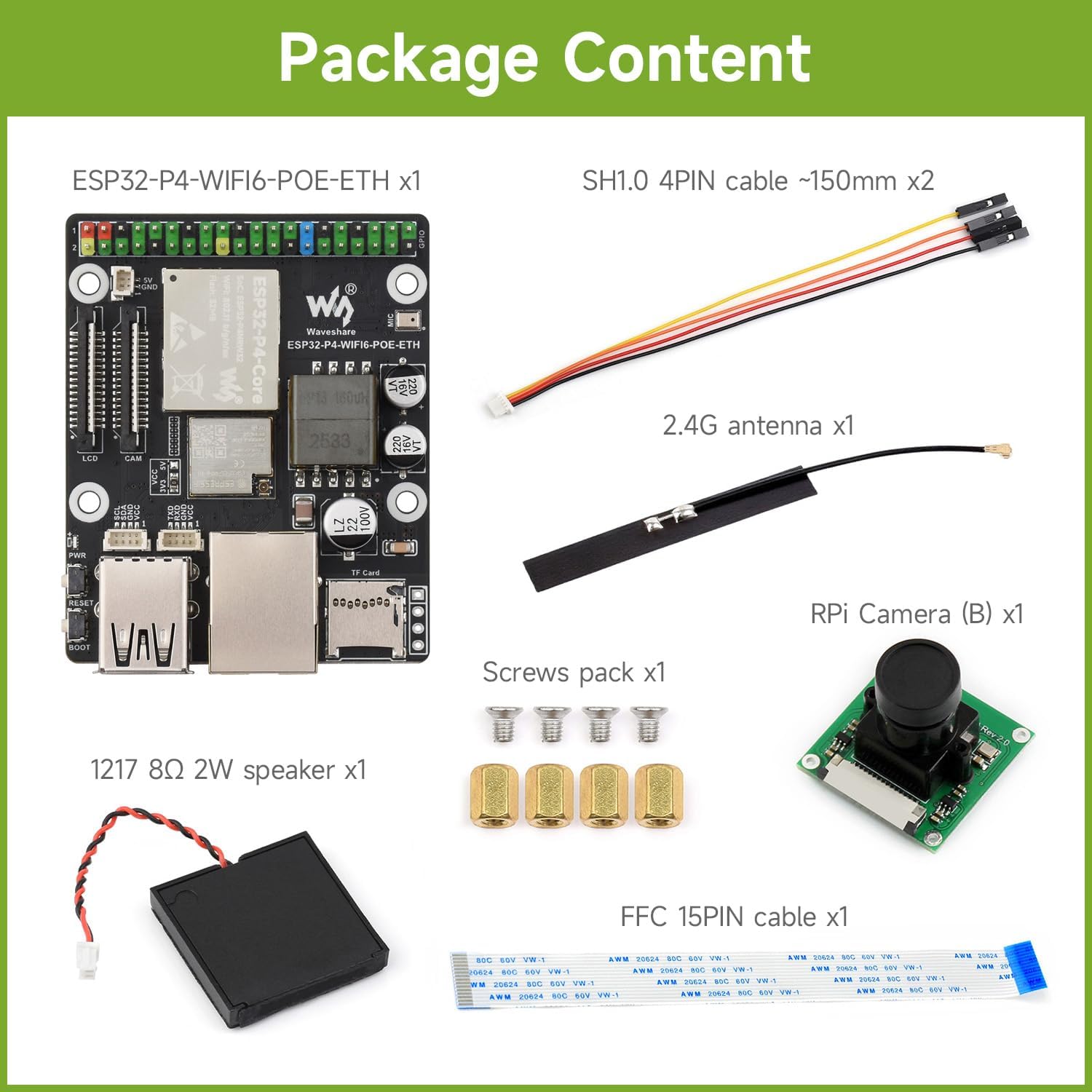 Waveshare ESP32-P4-WIFI6-POE-ETH High-Performance Development Board, Based On ESP32-P4 and ESP32-C6, Supports Wi-Fi 6 and BLT 5 (LE), PoE Module, Bundle with Camera, Speaker and Cables (7 Items)