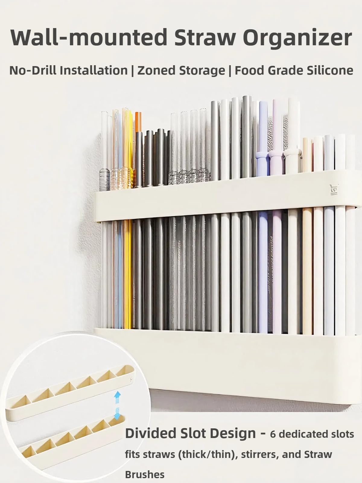 Silicone Straw Holder for Cabinet with Double Sided Adhesive Tape, Reusable Tumbler Straw Storage Organizer for Cabinet Counter Fridge Kitchen Door, No Drill Adhesive Mount & Adjustable Height (Beige)