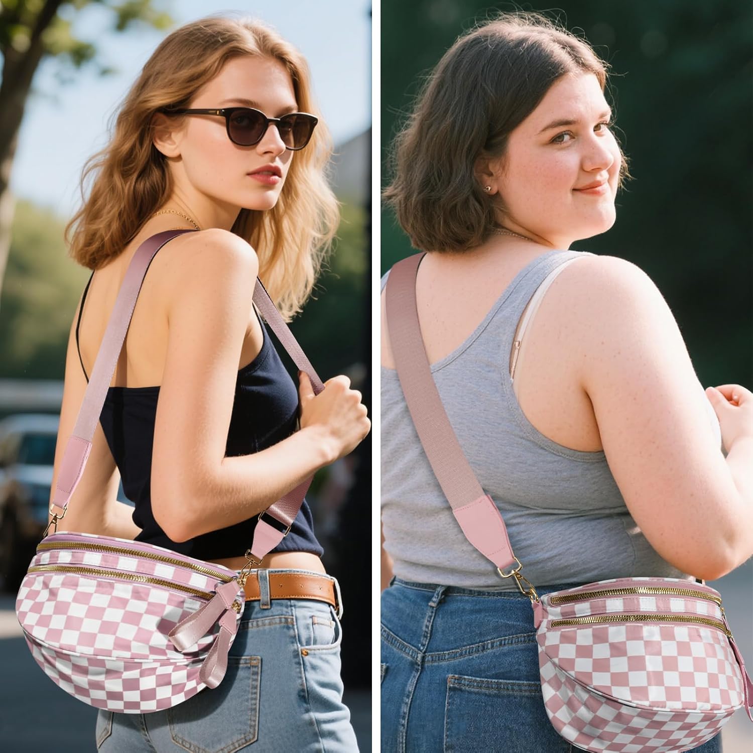 Checkered Crossbody Bags for Women, Large Nylon Bum Bags Plus Size Fanny Pack Sling Bag Belt Bag for Women Travel, Pink Checkered - Image 2