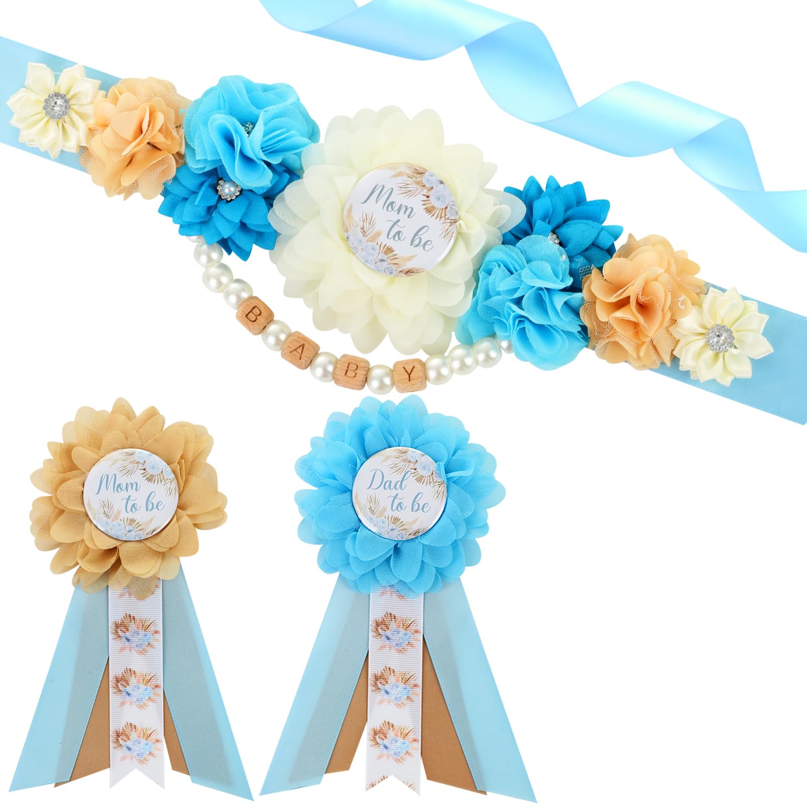 JOYMEMO Blue Boho Pampas Grass Baby Shower Maternity Sash Kit - Pampas Floral Belly Belt and Mom to Be & Dad to Be Corsage Pins, Pregnancy New Parents