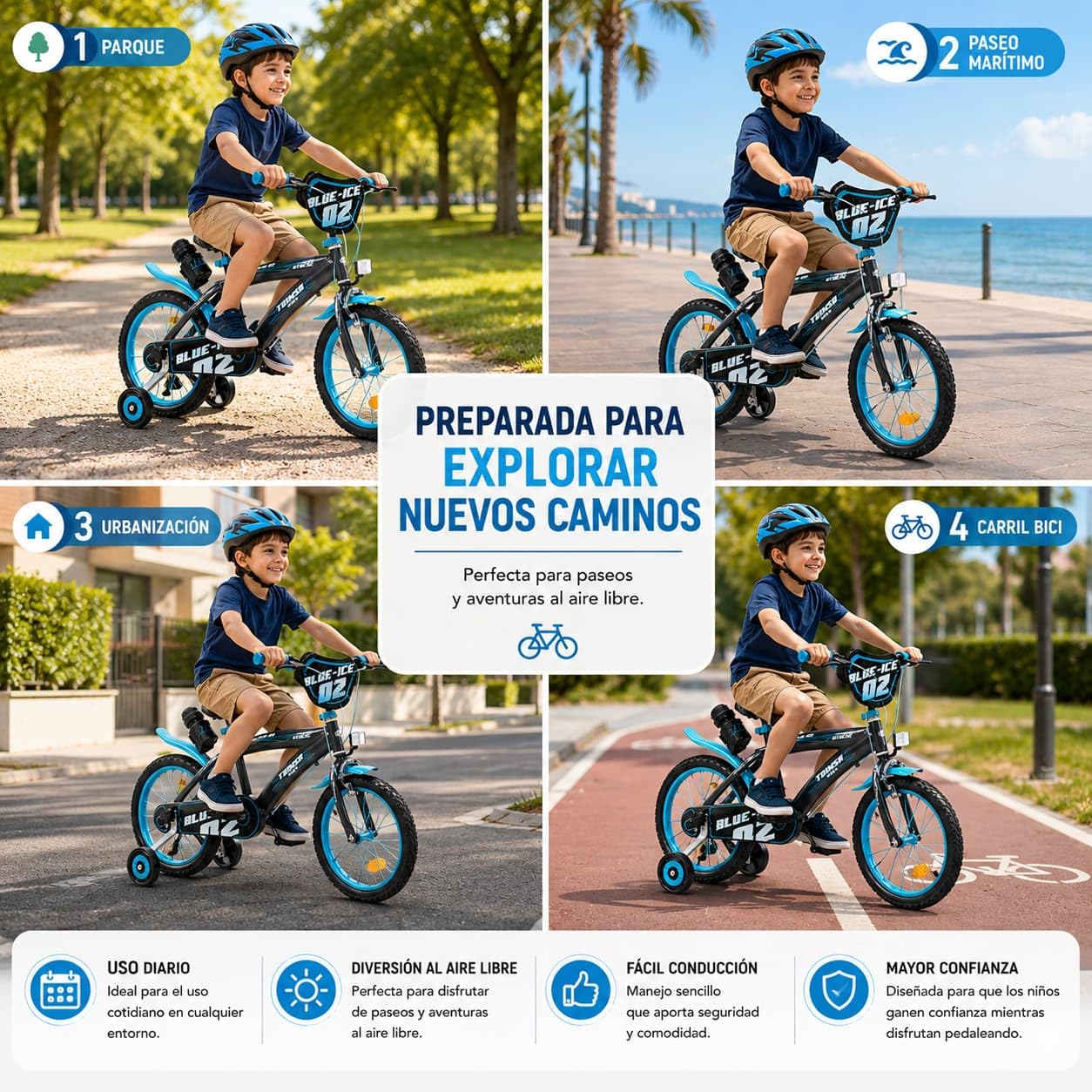 Kinderfahrrad Blue Ice 16 Zoll mit Stützrädern Trinkflasche 5-7 Jahre