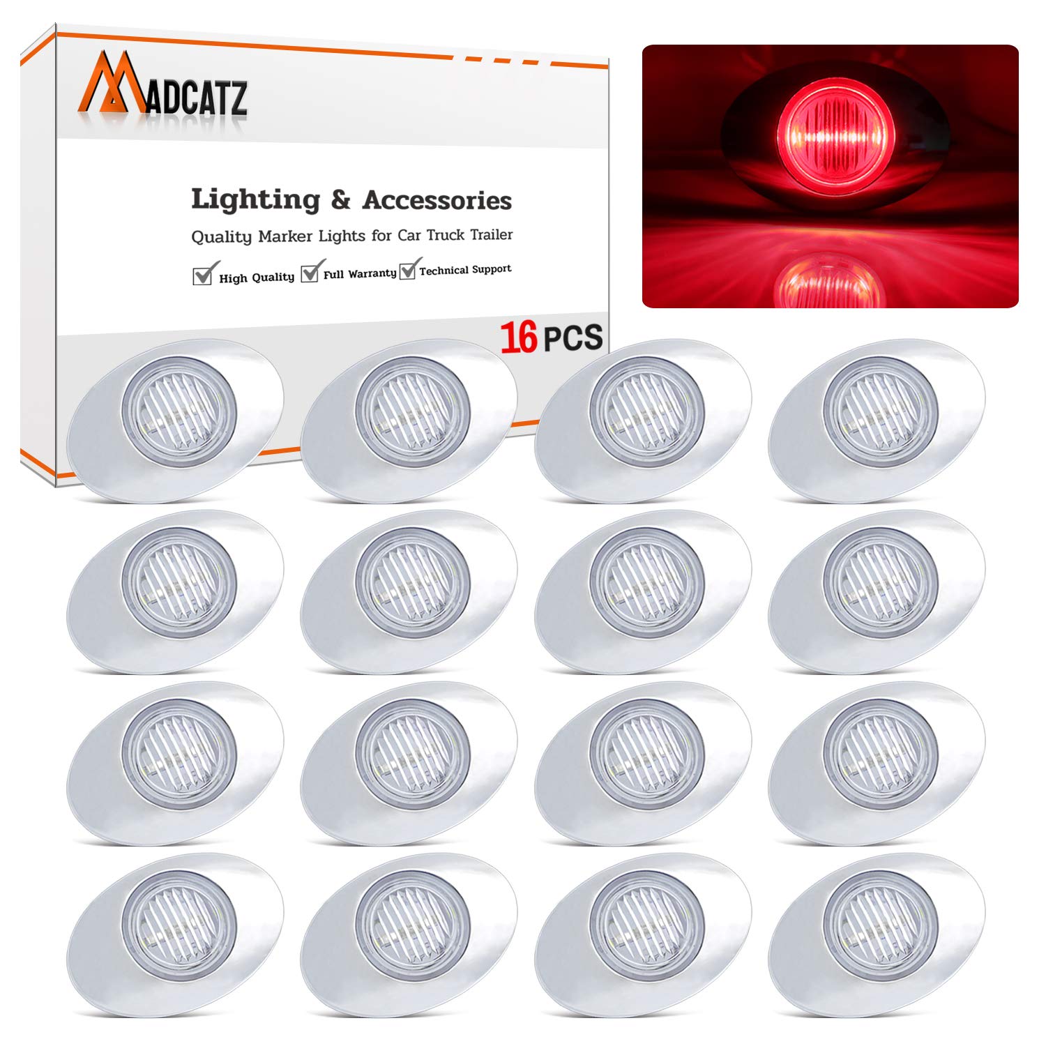 MADCATZ 3 Inch (Pack of 16) Oval Clear Lens Amber LED Mini Side Marker Panel Light Extra Bright 3528