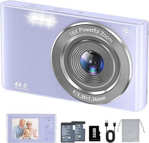 VJIANGER Cámara digital 4K de 44MP para apuntar y disparar con zoom digital de 16X, cámara para niños de 2.4 pulgadas con tarjeta SD de 32 GB,