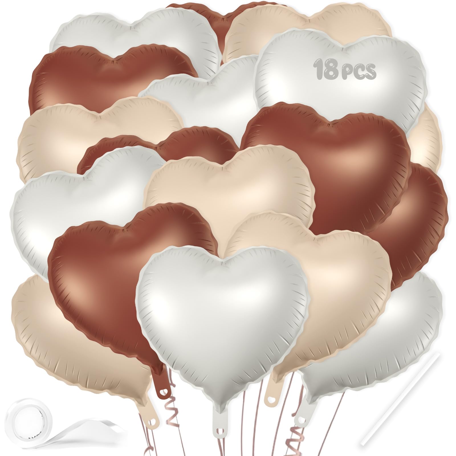 18 Pcs Heart Balloons, 18 Inch Brown Beige White Sand Heart Shaped Foil Balloons for Wedding Anniversary Birthday Party Valentine Decorations Baby Shower Bridal Shower Engagement Decorations Supplies