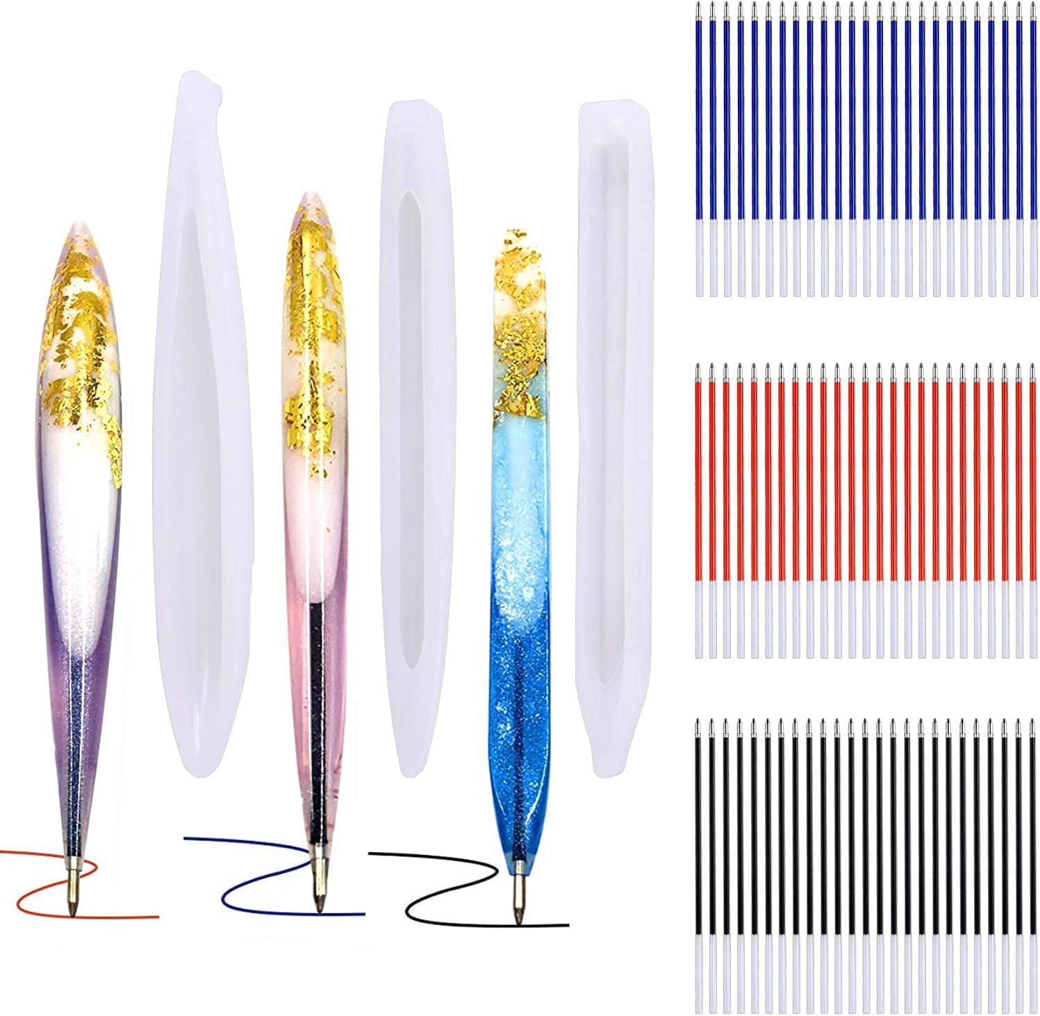 JANYUN 3 Pieces Pen Shape Resin Mold Ballpoint Pen Silicone Molds Epoxy Resin Molds Resin Casting Molds with 75 Pieces Ballpoint Refill Pens for DIY Resin Crafts Making (Assorted Color)