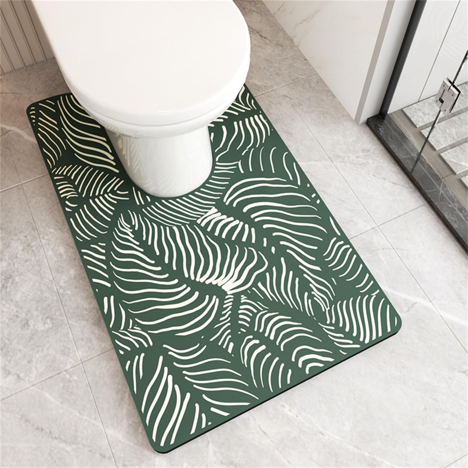 Highdi Toilet Mat U Shape, Diatomite Bath Mat U Shape Absorbent Quick Dry Non Slip U Shaped Toilet Floor Mat Toilet Rug WC Toilet Mat Washable Easy to Clean for Bedroom (Leaf,55x90cm)
