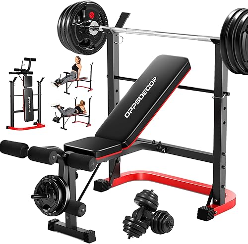 Juego de banco de pesas estándar con extensión de piernas y curl de piernas, juego de prensa de banco ajustable de 660 libras con almohadilla de