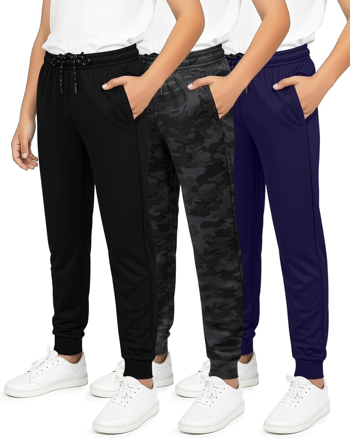 Real Essentials 3 Pack: Boy's Mesh Jogger Sweatpants - Youth Kids Baseball Football Athletic Pants with Pockets