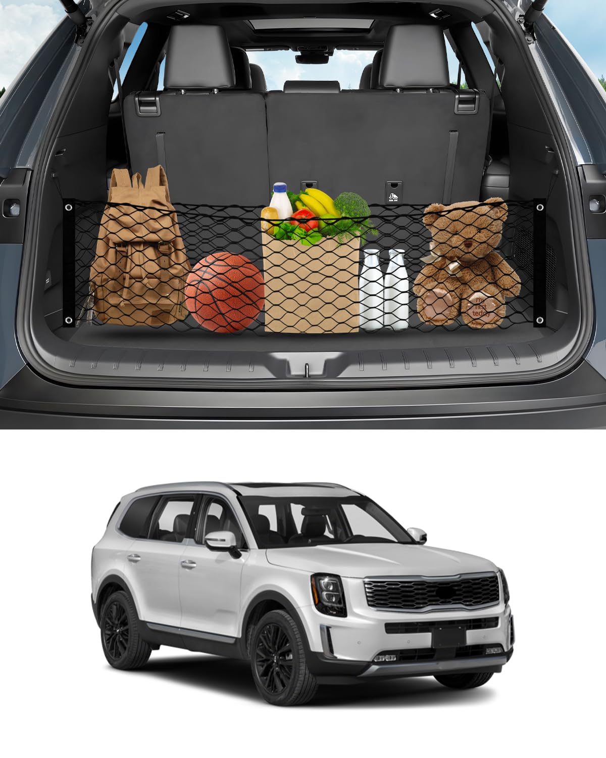 Photo 1 of Karltys Trunk Cargo Net for Kia Telluride 2020-2023 2024 Accessories Envelope Style Rear Cargo Net Stretchable Elastic Nylon Mesh Netting Storage Organizer