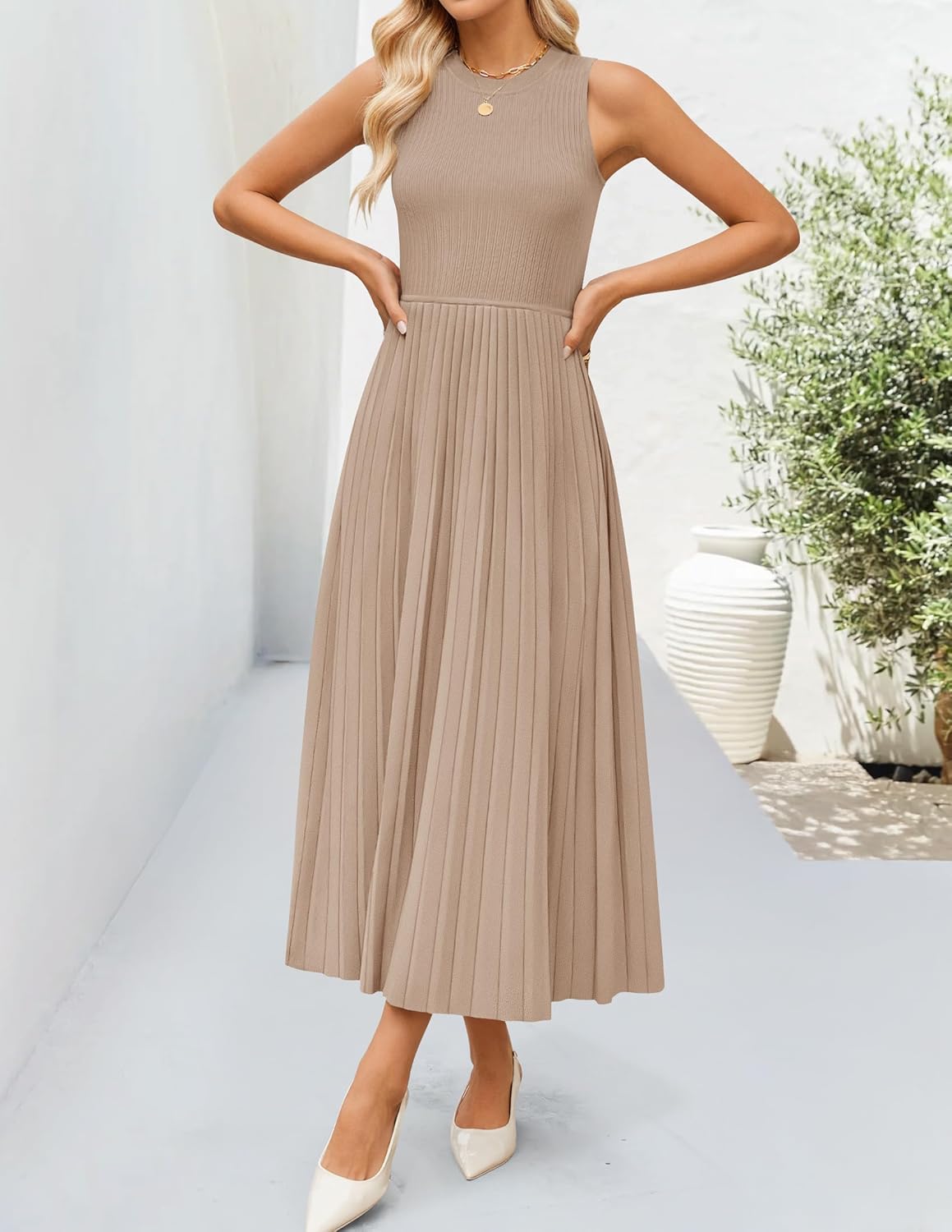 ZESICA Women's 2026 Summer Sleeveless Midi Dresses Casual Crewneck Ribbed Knit Pleated A Line Swing Long Party Dress - Image 8