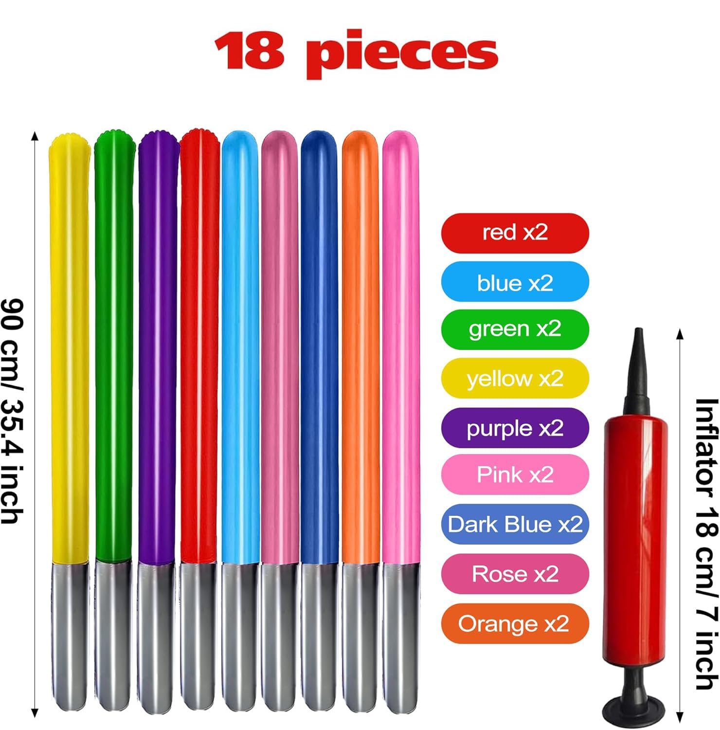 18-teiliges Set aufblasbare Spielzeugschwerter – 9 lebendige Farben, 35-Zoll aufblasbare Schwerter mit Luftpumpe – Perfekt für Party-Geschenk, Halloween, Rollenspiel & Kinder-Kostüm-Zubehör