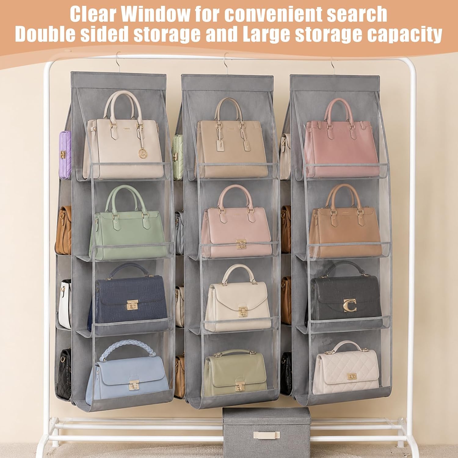 3 Pack Hanging Handbag Organizer for Closet, Purse Organizer For Closet, Handbag Storage Holder with 8 Clear PVC Pockets, Sturdy Hook for Wardrobe Door and Wall, Space Saving Gray