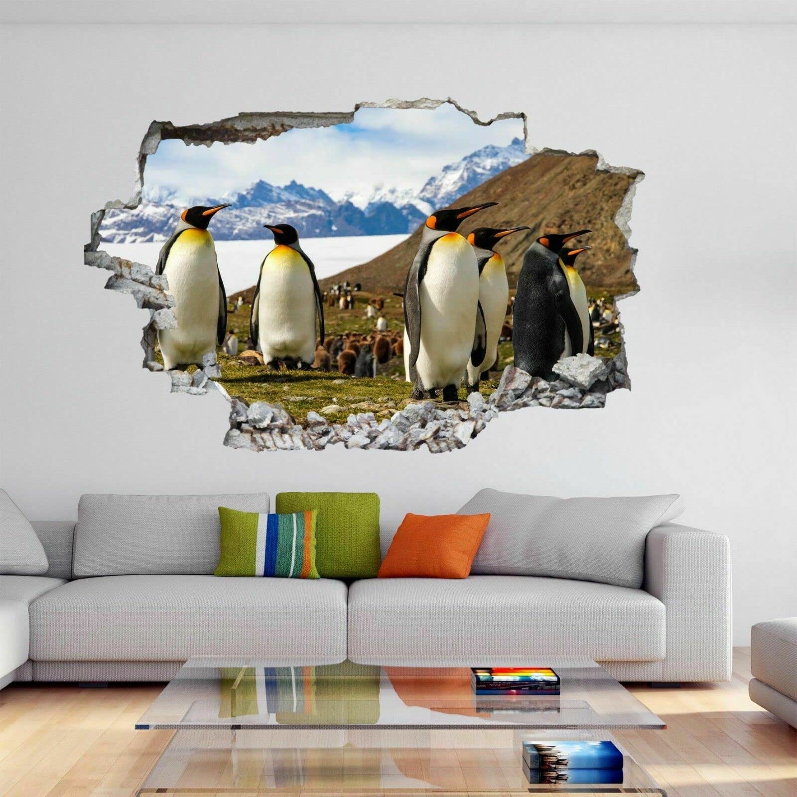 Sztuka ścienna naklejki 3D pingwiny efekt specjalny widok na zewnątrz pęknięta ściana dekoracyjne usuwalne DIY winylowe naklejki ścienne salon, sypialnia mural 80 x 120 cm