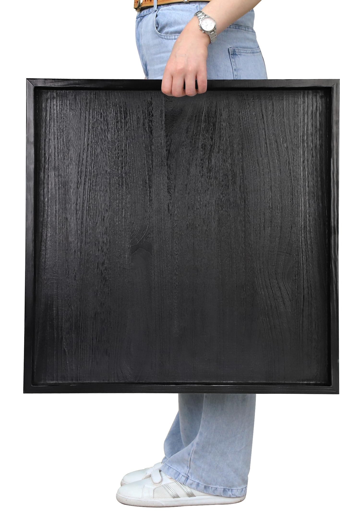 Square Ottoman Table Tray 24" - Rustic Wooden Serving Tray for Farmhouse Decorative Oversized Coffee Table Trays Living Room Kitchen Counter Breakfast Grey