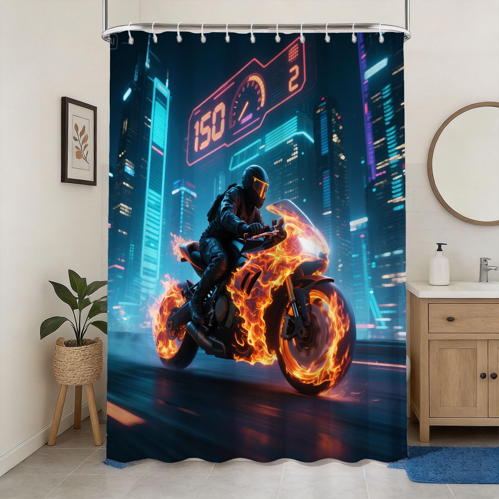 Hongduo 3D Motorbike Shower Curtain for Stalls Bathtubs Sci-Fi Style Bathroom Decor Shower Curtain Set Polyester Fabric Waterproof 180x180cm/71X71 Inch with Hooks