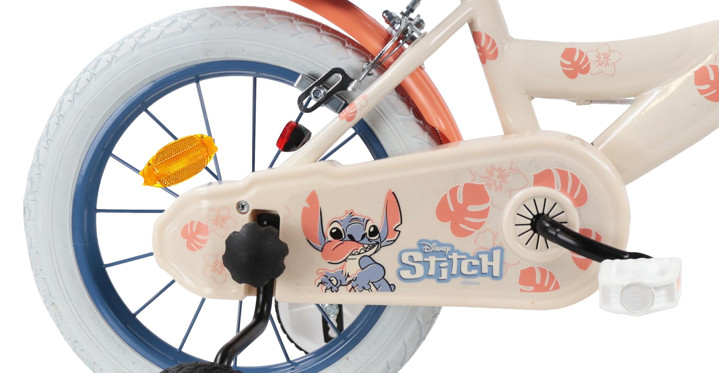 Disney Vélo 14'' Fille Licence Stitch de livré avec Son Casque - 2 Freins Caliper - Pneus Gonflables - Panier Avant - Porte-poupée arrière - Garde-Boue - 2 Stabilisateurs